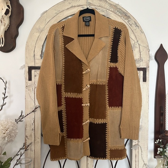 Vintage Sweaters - Vintage 90s Western Genuine Leather Patchwork and Knit Cardigan Sweater